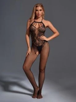 Christine Gebloemde Catsuit Met Open Kruis - Zwart 5 Christine Gebloemde Catsuit Met Open Kruis - Zwart -Obsessive Shop ccs016 blk 2