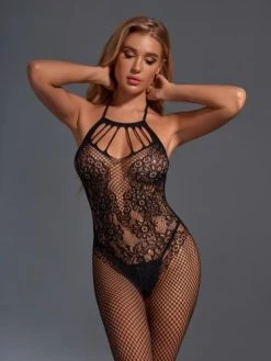 Christine Gebloemde Catsuit Met Open Kruis - Zwart